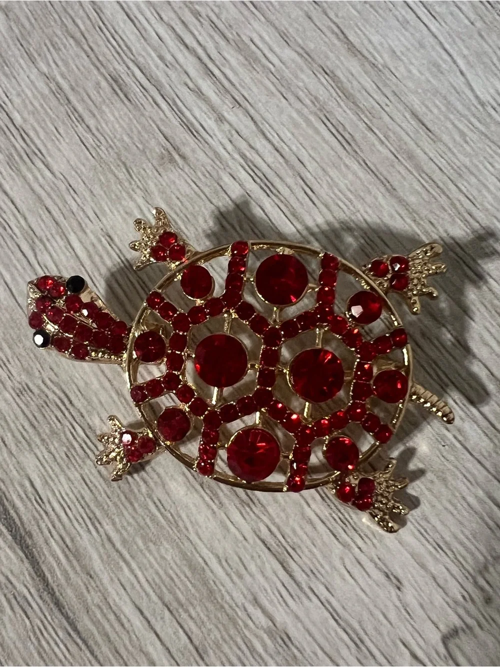 Mint Gold-Tone Turtle Brooch with Red Rhinestones